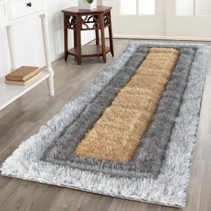 Modern Soft Bordered Shimmer Shaggy Area Rugs Ochre 60x220 cm