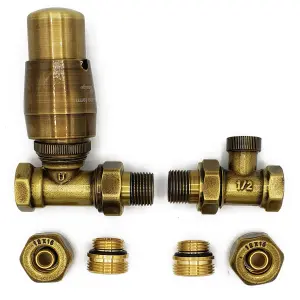 Vario Term Straight Version with PEX Connectors Elegant Antique Brass Thermostatic Lockshield Valve Radiator Set