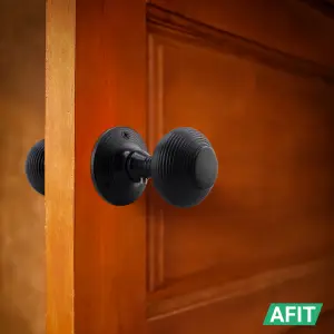 AFIT Beehive Reeded Black Door Knob Set - 3 Pairs of Matt Black Mortice Knobs (55mm) & Latch (76mm) for Internal Doors