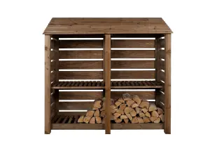 Slatted wooden log store with kindling shelf W-187cm, H-180cm, D-88cm - brown finish