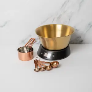 9pc Kitchen Measuring Set with Digital Scales & Brass Bowl, 4x Copper Measuring Cups and 4x Copper Measuring Spoons