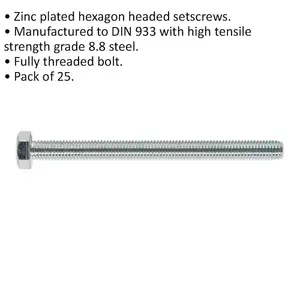 25 Pack M8 x 100mm Grade 8.8 Zinc Setscrews - Fully Threaded DIN 933