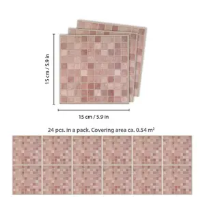 24 Pieces 15x15cm Vintage Pink Marble Mosaic Tile Stickers