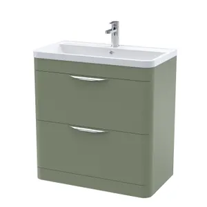 Floor Standing 2 Drawer Vanity Unit with Ceramic Basin - 800mm - Satin Green