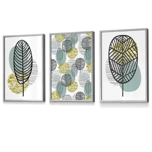 Set of 3 Mid Century Floral Pattern in Yellow and Blue Wall Art Prints / 30x42cm (A3) / Light Grey Frame