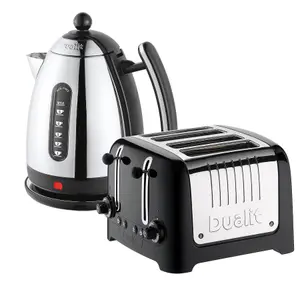 Dualit 4 Slice Toaster & 1.5 Litre Kettle High Gloss LITE Breakfast Set, Black