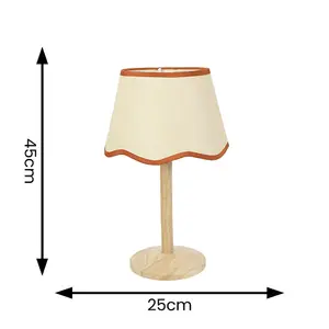 ValueLights Triston Natural Light Wood Stem Table Lamp with Scallop Rust Trim Tapered Lamp Shade and LED Bulb