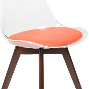 Soho Clear and Orange Plastic Dining Chair with Squared Dark Wood Legs