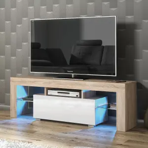 Floe TV Unit 130cm Oak & White with High Gloss Doors and LED Lighting - Creative Furniture