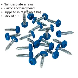 50 Pack of Blue Numberplate Screws with Plastic Enclosed Heads - Durable and Reliable Fixings