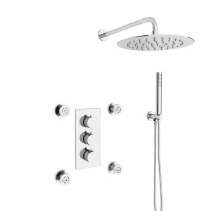 Flora Round 3 Way Concealed Thermostatic Shower Mixer Valve,Head, Handset, Body Jets Chrome