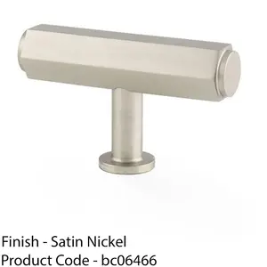 Industrial Hex T Bar Cabinet Door Knob - 55mm x 38mm - Satin Nickel Pull Handle