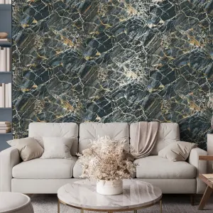 Crown Carbon Onyx Navy Blue & Bronze Marble Stone Wallpaper M1748