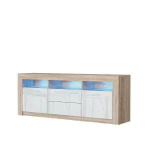 Shine TV Unit 160cm Oak & White with High Gloss Doors and LED Lighting - Creative Furniture