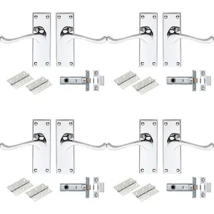 4 PACK - Victorian Scroll Door Handle & Latch Pack Set- Polished Chrome Lever on Plate Kit