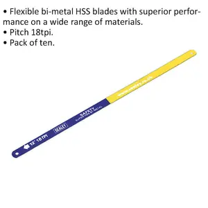 High-Performance 300mm Hacksaw Blades - 10 Pack of 18 TPI HSS Bi-Metal Cutting Tools