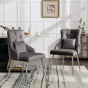 Set of 2 Grey Lux Velvet Upholstered Dining Chairs with Cushion Kitchen Chairs