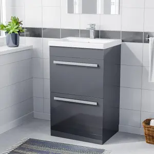 Nes Home Nanuya 500mm Floorstanding 2 Drawer Vanity Basin Unit Steel Grey