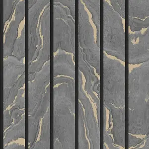 Muriva Woodgrain Panel Charcoal & Gold Wooden Slats Luxury Wallpaper 193503