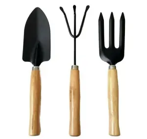 3pc Wood Wooden Gardening Garden Hand Tool Set Cultivator Fork Trowel Shovel Kit