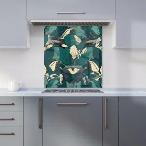 Green Beige Tropical Leaves Premium Glass Kitchen Splashback W700mm x H750mm