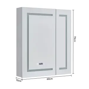 Frameless 2-Door LED Mirrored Bathroom Cabinet with Clock Display W 600mm x H 700mm