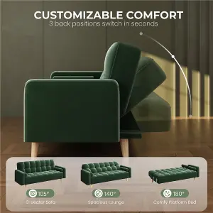 Yaheetech Green Velvet 3 Seater Convertible Sofa Bed with Armrests and 2 Bolster Pillows