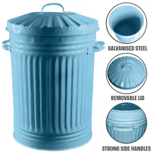 Duck Egg Blue Metal Bin Retro Bin Tapered Galvanised Dustbin Vintage Style Steel Bin - 45L