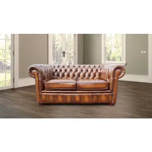 Chesterfield 2 Seater Antique Tan Leather Sofa Settee In Classic Style