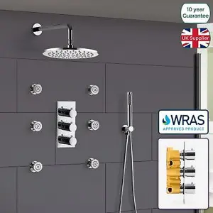 Modern Three-Dial Three-Way Concealed Thermostatic Valve With Shower Head Pencil Handset And Body Jet Kit