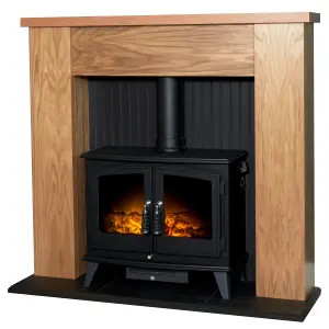 Adam New England Stove Fireplace in Oak & Black with Woodhouse Electric Stove in Black, 48 Inch