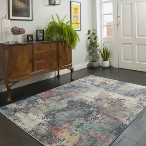 Navy Blue Multicoloured Abstract Distressed Soft Fireside Living Area Rug 60cm x240cm