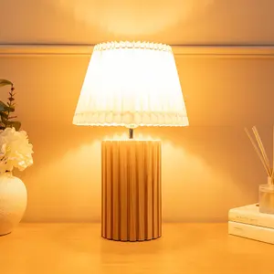 ValueLights Brooke Natural Wood Bedside Table Lamp with a White Pleated Lampshade - Bulb Included