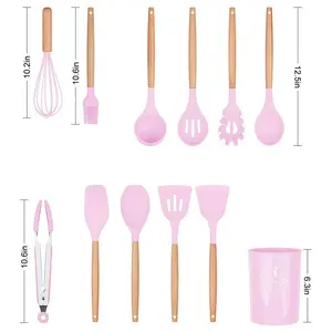 Silicone Cooking Utensils Kitchen Utensil Set, 12 Pieces Natural Wooden Handles Cooking Tool BPA Free Non Toxic Silicone Turner Tongs Spatula Spoon Kitchen Gadgets Utensil Set (Purple) Pink