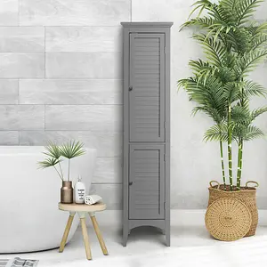 Teamson Home Tall Column Wooden Bathroom Cabinet with 2 Doors, Bathroom Storage, Grey