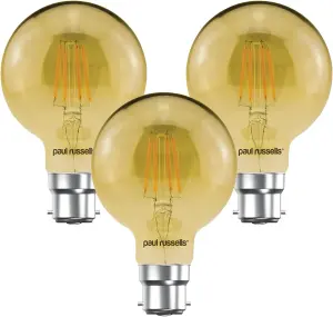 paul russells LED Filament G80 Bulb, 4W 380 Lumens, 35w Equivalent, 2200K Amber, Pack of 3