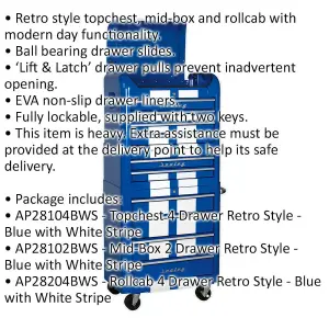 Stylish Retro 10 Drawer Tool Chest and Rollcab Bundle with Locking Mechanism in Blue