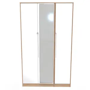 Turin Tall Triple Mirror Wardrobe in White Gloss & Bardolino Oak (Ready Assembled)