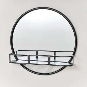 Melody Maison Round Matte Black Mirror With Shelf - 50cm x 50cm