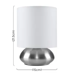 ValueLights Pair Of Modern Brushed Chrome Bedside Touch Table Lamps With White Shades