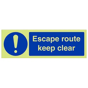 Escape Route Keep Clear Fire Door Sign - Glow in Dark - 300x100mm (x3)