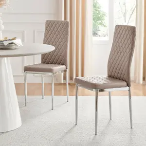 Set of 4 Milan Cappuccino Beige High Back Soft Touch Diamond Pattern Faux Leather Chromed Metal Leg Dining Chairs