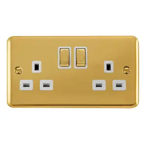 Curved Polished Brass 2 Gang 13A DP Ingot Twin Double Switched Plug Socket - White Trim - SE Home