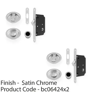 2 PACK - Sliding Pocket Door Lock & Latch Set - Satin Chrome Rounded Forend Finger Pull