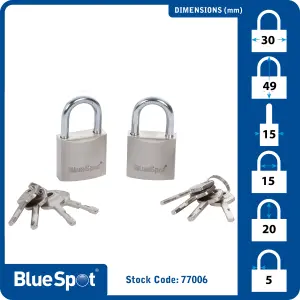 Blue Spot Tools - 2 Pce 30mm Satin Finish Keyed Alike Padlocks