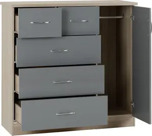 Nevada 5 Drawer 1 Door Low Wardrobe Grey Gloss and Light Oak Effect Veneer