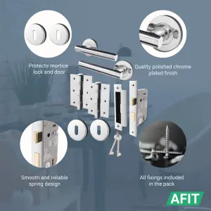 AFIT Polished Chrome Key Lock Door Handle Set Sash Lock (64mm), Hinges & 2 Escutcheons Olvera Range