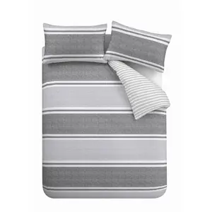 Textured Banded Stripe Reversible Duvet Cover Set with Pillowcases Grey / Double - 2 Standard Pillowcases