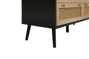 Black Chest of 7 Drawers Rattan Mid Century Modern