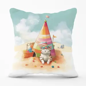 Cat On A Beach Holiday Outdoor Cushion 45cm x 45cm